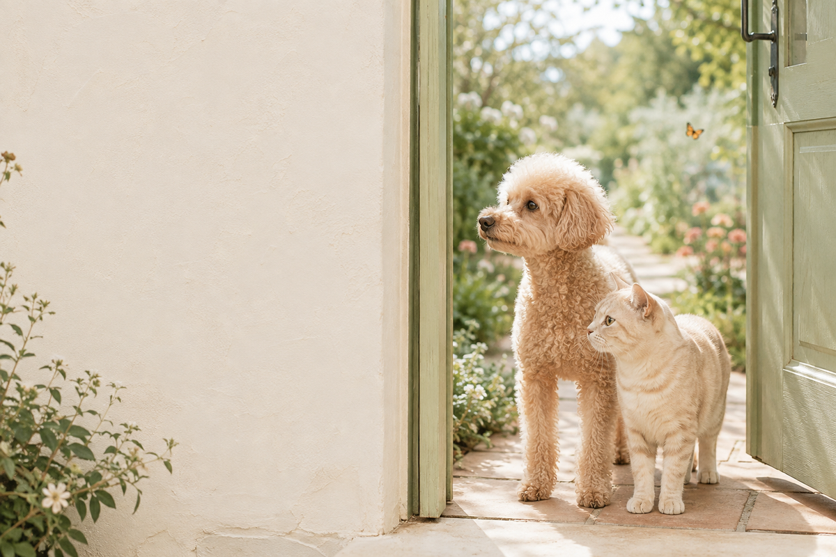 開いた庭の扉で、新しい発見を楽しむ犬と猫